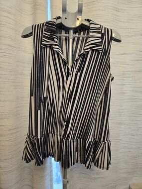 Susan Lawrence Black & White Striped Sleeveless Peplum Blouse Size L